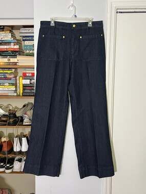 Michael Kors Women's Dark Wash Denim Wide Leg Patch Pocket Jeans